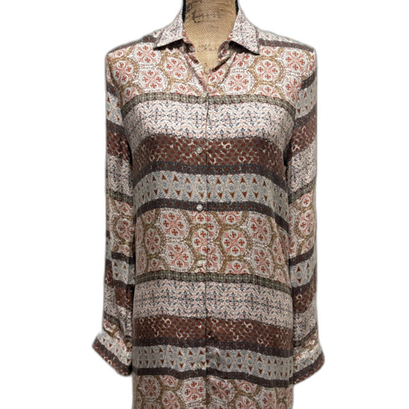 White Crow Maxi Shirt Dress Button Front Mixed Print Bohemian Flowy Size Small - Picture 2 of 6